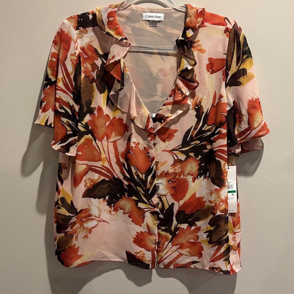 Calvin Klein Women's Autumn Floral Blouse - Red and Brown